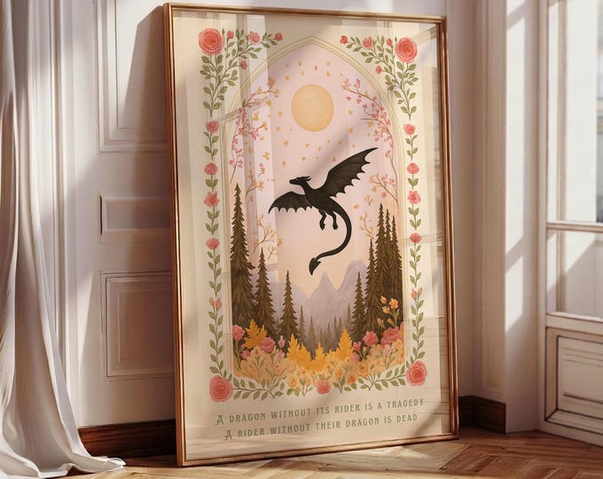 Dragon Without Its Rider Print, Floral Fall Dragon Poster, Fantasy Bookish Art, Girly Wall Art, Book Lover Gift, Dragon Print, Book Room Art