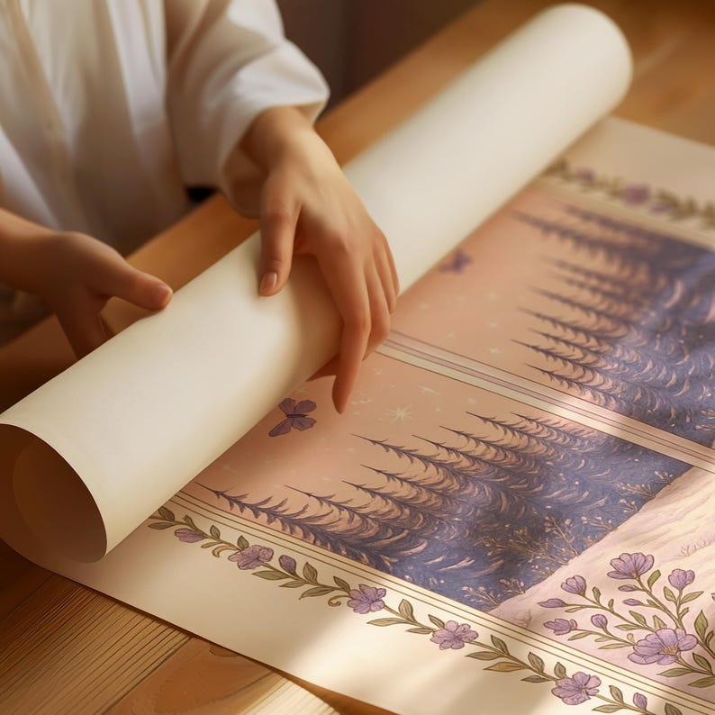 May include: A rolled-up art print with a winter landscape design. The print features a soft pink and purple color palette with detailed illustrations of trees, flowers, and a snowy scene. The print is being unrolled on a wooden surface.