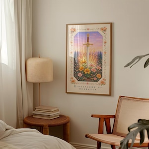 May include: A framed art print featuring a sword with a golden hilt, set against a backdrop of a sunset and a forest. The artwork is surrounded by a floral border and includes the text "Kingsflame of Terrasen".