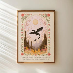 Dragon Without Its Rider Print, kwiatowy jesienny plakat ze smokiem, fantasy bookish art, dziewczęca sztuka ścienna, prezent dla miłośnika książek, nadruk smoka, sztuka w pokoju książkowym