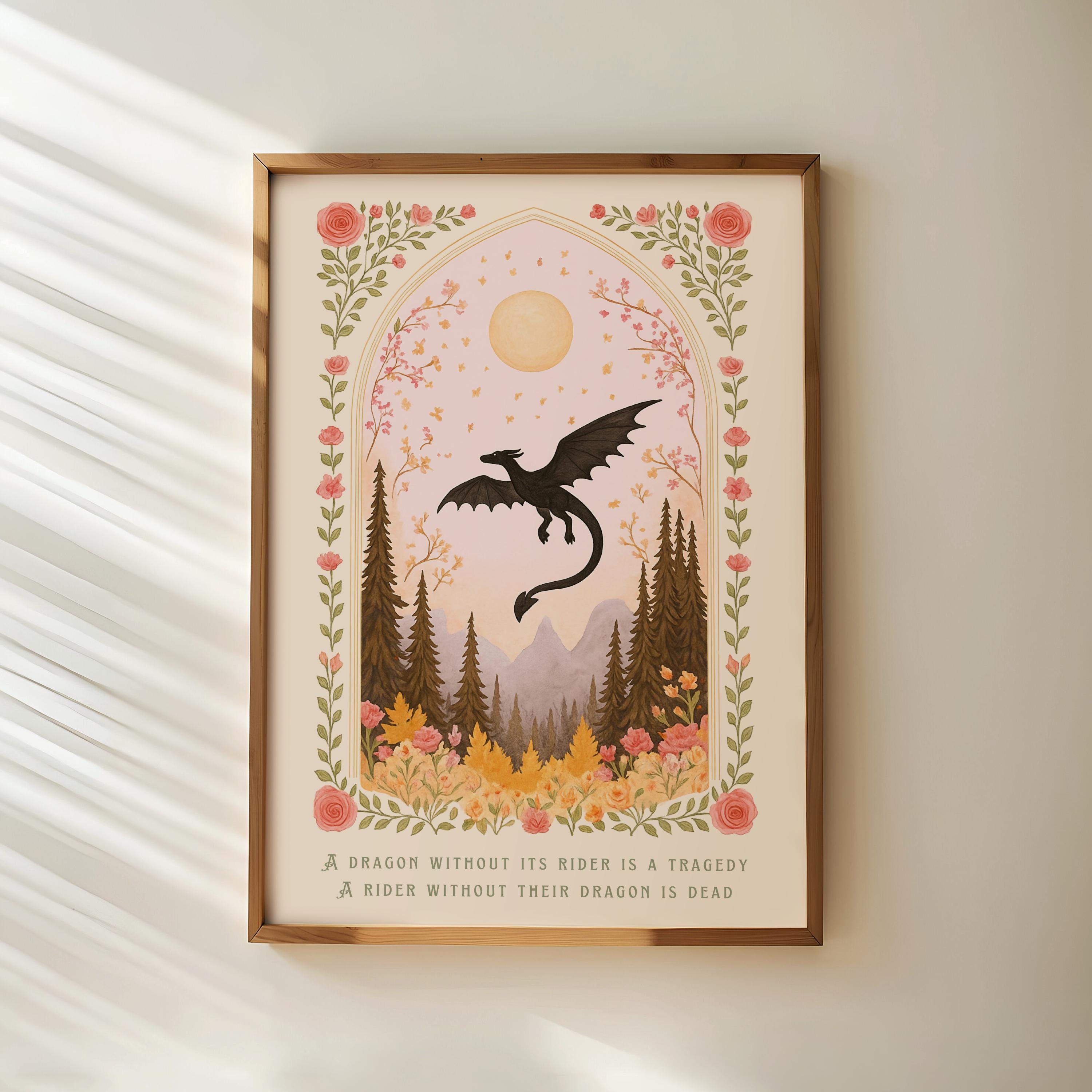 Dragon Without Its Rider Print, Floral Fall Dragon Poster, Fantasy Bookish Art, Girly Wall Art, Book Lover Gift, Dragon Print, Book Room Art