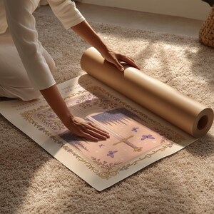 May include: A rolled-up brown paper poster tube next to a large, unfolded poster. The poster features a fantasy illustration with a sword, butterflies, and floral elements in soft pink, purple, and gold tones. The scene is set on a beige carpet.