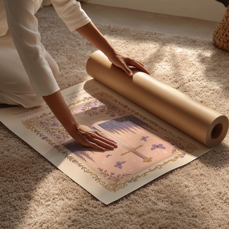 May include: A rolled-up brown paper poster tube next to a large, unfolded poster. The poster features a fantasy illustration with a sword, butterflies, and floral elements in soft pink, purple, and gold tones. The scene is set on a beige carpet.