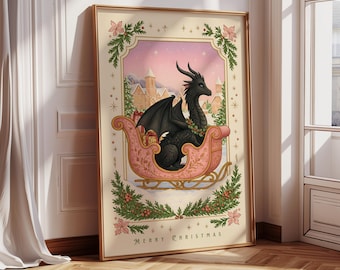 Christmas Dragon Print, Holiday Wall Art, Christmas Décor, Girly Pink Christmas Art, Fantasy Christmas Wall Art, Cozy Bookish Fantasy Poster