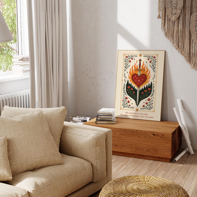 Vuurhart-zwaardkunst, fantasie leesgrage muurafdruk, boekenliefhebber cadeau, inspirerend citaat: je zou de sterren kunnen rammelen, leesmerchandise, boekenkamer afbeelding 6
