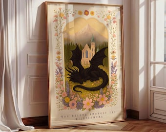 Fantasy Dragon Print, Dragon Sleeping in Wildflower Meadow, Bookish Wall Art, Floral Castle, Dragon Art, You Belong Amongst the Wildflowers