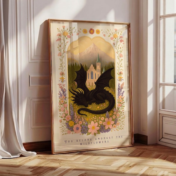 Fantasy Dragon Print, Dragon Sleeping in Wildflower Meadow, Bookish Wall Art, Floral Castle, Dragon Art, You Belong Amongst the Wildflowers