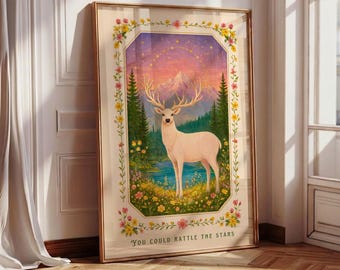 Stag Book Art, Fantasy Bookish Wall Print, Book Lover Gift, Inspirational Quote: You could rattle the stars, Reading Merch, Girly Room Art