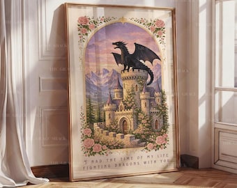 Fighting Dragons With You, Dragon Castle Wall Art, Fantasy Dragon Print, Bookish Art, Pretty Art Poster, Dragon Lover Gift, Girly Book Art