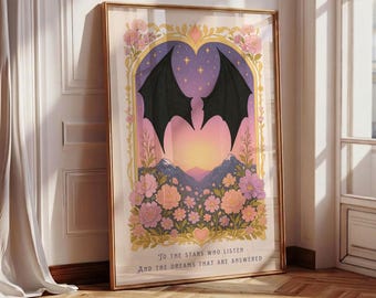 To The Stars Print, Pretty Bat Wings, Fantasy Bookish Wall Art, Romantic Book Lover Gift, Pretty Pastel Mountain Art, City of Starlight