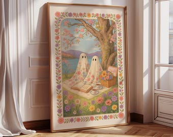 Ghost Book Picnic Art Print, Floral Ghost Illustration, Cozy Reading Wall Art, Book Lover Gift, Cute Ghost, Tea Garden, Floral Fantasy Print