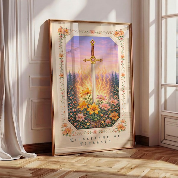 Kingsflame TOG Print, Bookish Wall Art, Fantasy Book Art, Floral Sword Art, Book Lover Gift, Fantasy Book Poster, Girly Book Art, Flower Art