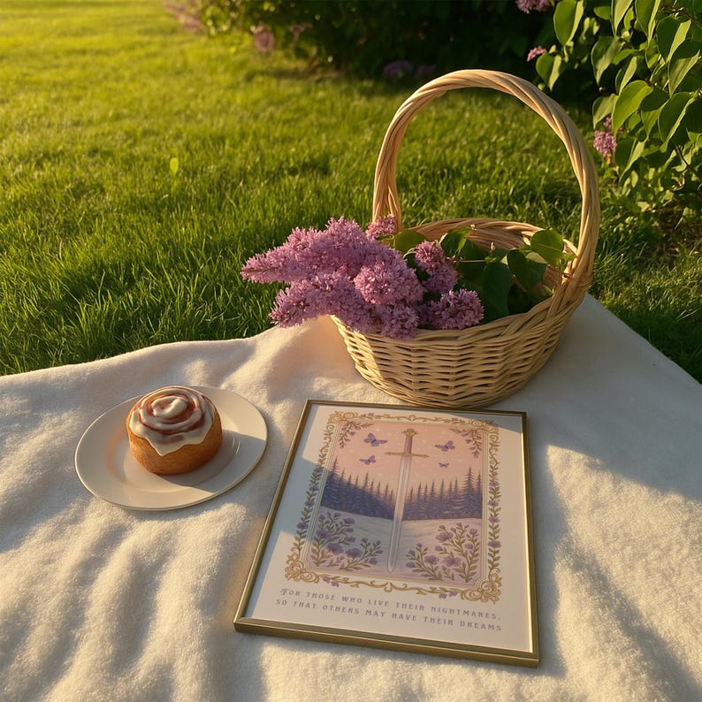 May include: A picnic scene with a woven basket filled with purple flowers, a framed print with a sword illustration, and a cinnamon roll on a white plate. The print has the text: "For those who live their nightmares, so that others may have their dreams."
