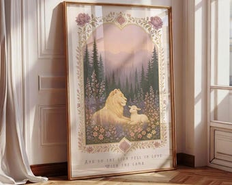Twilight Meadow Print, Bookish Wall Art, Book Readers, Purple Floral Poster, Book Lover, Girly Book Art, The Lion fell in love with the Lamb