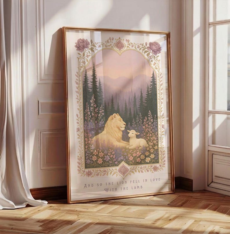 Twilight Meadow Print, Bookish Wall Art, Book Readers, Purple Floral Poster, Book Lover, Girly Book Art, The Lion fell in love with the Lamb image 1