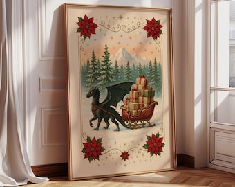 Vintage Christmas Dragon Art Print, Holiday Wall Art, Fantasy Christmas Décor, Red Sleigh Dragon Print, Festive Rustic Poster, Christmas Art
