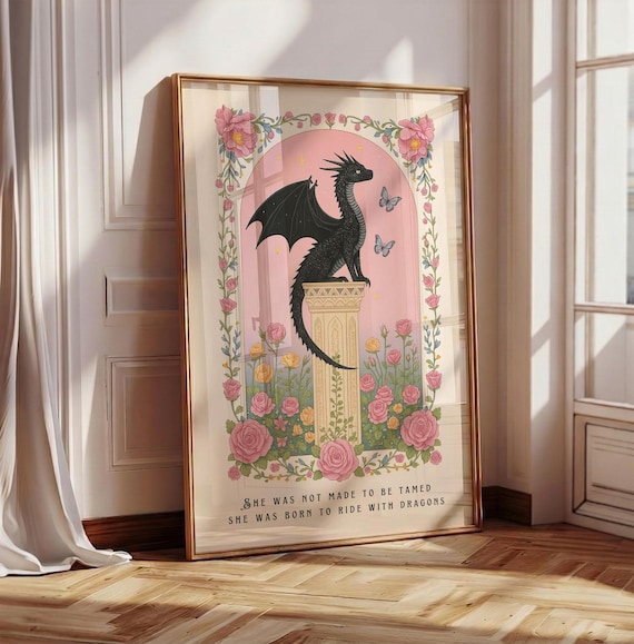 Fantasy Dragon Print, She Was Born to Ride with Dragons Quote, Bookish Wall Art, Fantasy Book Readers, Pink Floral Poster, Dragon Lover Gift