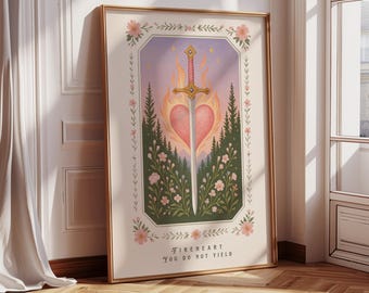 Fireheart Sword Art, You Don&#39;t Yield, fantasy boekenachtige muurposter, cadeau boekenliefhebber, inspirerend boekcitaat, merchandise lezen, roze zwaard
