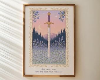 Powerless Print, Fantasy Bookish Art, Girly Book Lover Gift, Sword Art, For every girl Who has ever felt powerless, Book Quote, Physical Art