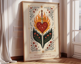 Fireheart Sword Art, Fantasy Bookish Wall Print, Book Lover Gift, Inspirational Quote: You could rattle the stars, Reading Merch, Book Room