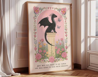 Fantasy Dragon-print, quote She Was Born to Ride with Dragons, leesgrage muurkunst, fantasyboeklezers, roze bloemenposter, cadeau drakenliefhebber