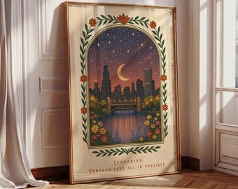 Lunathion Art, Fantasy Bookish Wall Poster, Book Lover Gift, Book Quote: Through love all is possible, Reading Merch Art, Crescent City Art