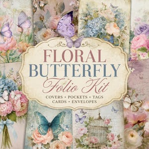 Pode incluir: Um kit de fólio Floral Butterfly com folhas de papel decorativas apresentando ilustrações de estilo vintage de rosas cor-de-rosa e azuis, hortênsias, borboletas e gaiolas. A etiqueta central exibe o texto Floral Butterfly Folio Kit.