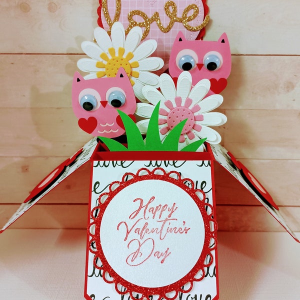 Valentine's Day Card, Saint Valentine's Owl Card, Saint Valentine's Day Card, Owl Card, Box Card, Handmade 3D Box Pop Up Greeting Card