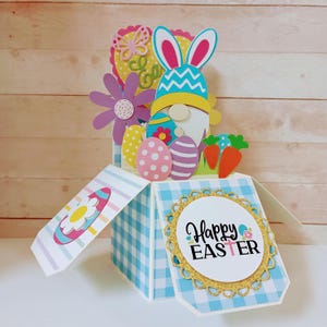 Carte de Pâques, carte de lapin de Pâques, carte de boîte, carte 3D de nain de lapin de Pâques, carte de voeux pop-up de boîte 3D faite main
