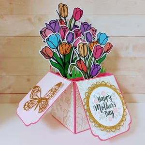 Mother's Day Tulips Card, Happy Birthday Colorful Tulips Box Card, pop up Birthday Card, Handmade 3D Box Pop Up Greeting Card