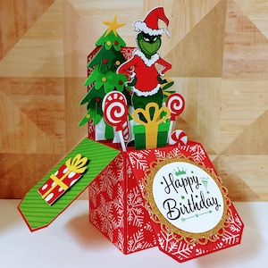 Carte de joyeux anniversaire, carte d'anniversaire Le Grinch, boîte, carte de voeux pop-up boîte 3D faite main Le Grinch