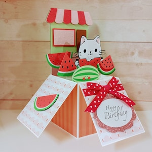 Carte de joyeux anniversaire, carte pastèque et chat, support de pastèque joyeux anniversaire, carte de voeux pop-up boîte 3D faite main
