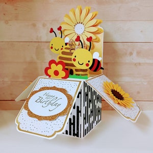 Happy Birthday Card, Bee Box Card, Handmade 3D Box Pop Up greeting card, Handmade Bee Box Card, 3D Pop Up Bee Card