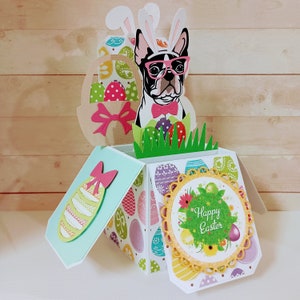 Carte de Pâques, carte du Boston Terrier, boîte, carte de Pâques 3D du Boston Terrier, carte de voeux pop-up boîte 3D faite main