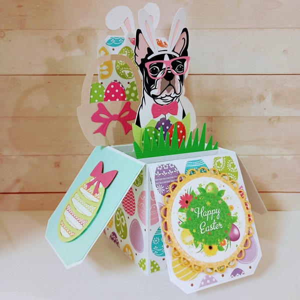 Easter Card, Boston Terrier Card, Box Card, Easter Boston Terrier 3D Card, Handmade 3D Box Pop Up Greeting Card