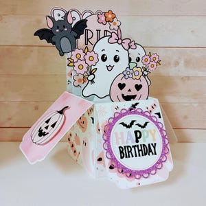 Pink Ghosts Birthday Card: Handmade 3D Pop Up Halloween Box Card