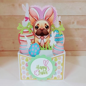 Carte de Pâques, carte boîte bouledogue français, carte joyeuses Pâques bouledogue français, carte joyeuses Pâques, carte de voeux pop-up boîte 3D faite main