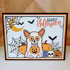 Carte d'Halloween, Carte de voeux faite main, Carte d'Halloween Corgi, Carte des bonbons ou un sort fait main, Carte d'Halloween effrayante faite main, Carte de fantôme