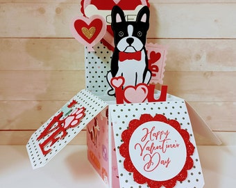 Valentine's Day Card, Boston Terrier Card, Box Card, Saint Valentine's Card, Handmade 3D Box Pop Up Greeting Card