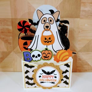 Carte d'Halloween, Happy Halloween Ghost Corgi Dog, Carte des bonbons et des sorts, Carte d'Halloween pop-up Ghost Corgi, Carte de voeux 3D faite main