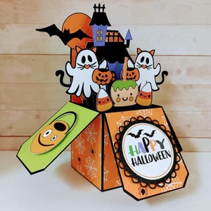 Carte Happy Halloween, carte boîte de fantômes de chat, carte de voeux pop up boîte 3D faite main, carte boîte de fantômes de chat fait main, carte pop up 3D