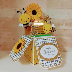 Happy Birthday Card, Bee Box Card, Handmade 3D Box Pop Up greeting card, Handmade Bee Box Card, 3D Pop Up Bee Card