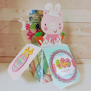 Carte de joyeuses Pâques, carte de cochon, carte en boîte, carte 3D de cochon de Pâques, carte de voeux pop-up boîte 3D faite main