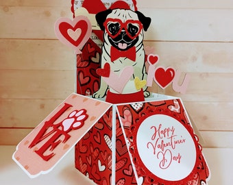 Valentine's Day Card, Pug Box Card, Saint Valentine's Pug Card, Saint Valentine's Day Card, Handmade 3D Box Pop Up Greeting Card