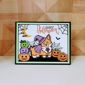Carte d'Halloween, carte de voeux faite main, carte d'Halloween corgi, carte des bonbons ou un sort fait main, carte d'Halloween effrayante faite main, carte de sorcière