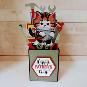 Carte pop-up chat, jeu d'outils pour la fête des pères, jeu d'outils et chat pour la fête des pères, boîte 3D faite main, carte pop-up pour la fête des pères