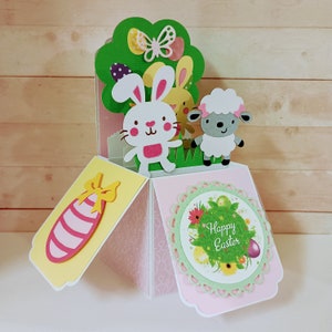 Carte de Pâques, carte lapin et agneau, carte boîte, carte 3D lapin de Pâques et agneau, carte de voeux pop-up boîte 3D faite main