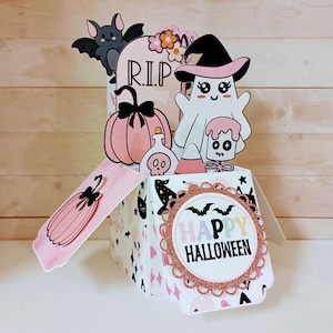 3D Pop-Up Halloween Card: Pink Ghosts & Pumpkin Box
