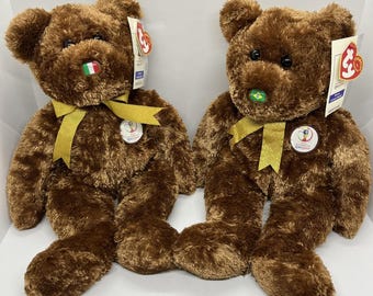 Set 2 Vintage 2002 TY Plush Bears Italy and Brazil FIFA World Cup Champions