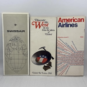 May include: Three vintage travel brochures. The first is for Swissair, featuring a world map. The second, for United Air Lines, has a graphic of a pan with the American flag. The third is for American Airlines, dated 1968.